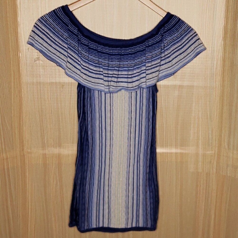 White House Black Market Blue Striped Sleeveless Top With Ruffle Shoulder XS